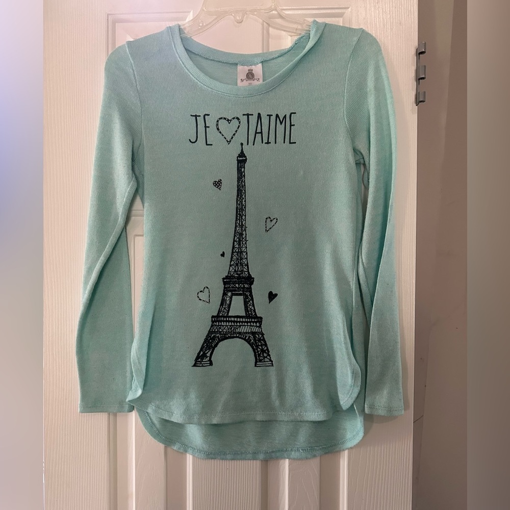 Jerry Leigh Apparel lightweight sweater in a mint green color Eiffel Tower Sz M
